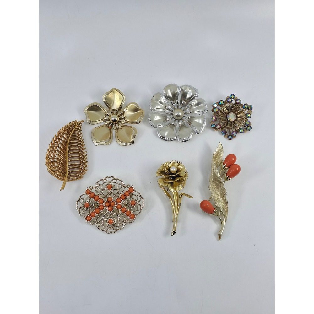 Vintage Brooch Lot 7pc Sarah Coventry Napier Gold Silver Tone Floral Leaf Pearl